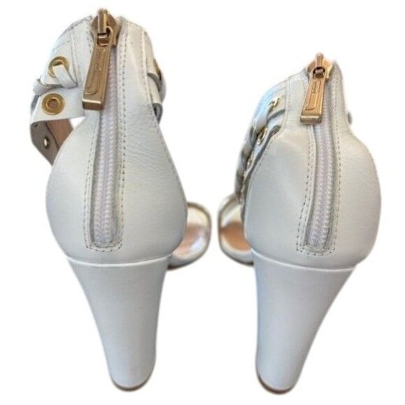 Justcavalli White Heeled Sandals With Gold Grommet & Zipper Details Open Toe - Picture 3 of 5